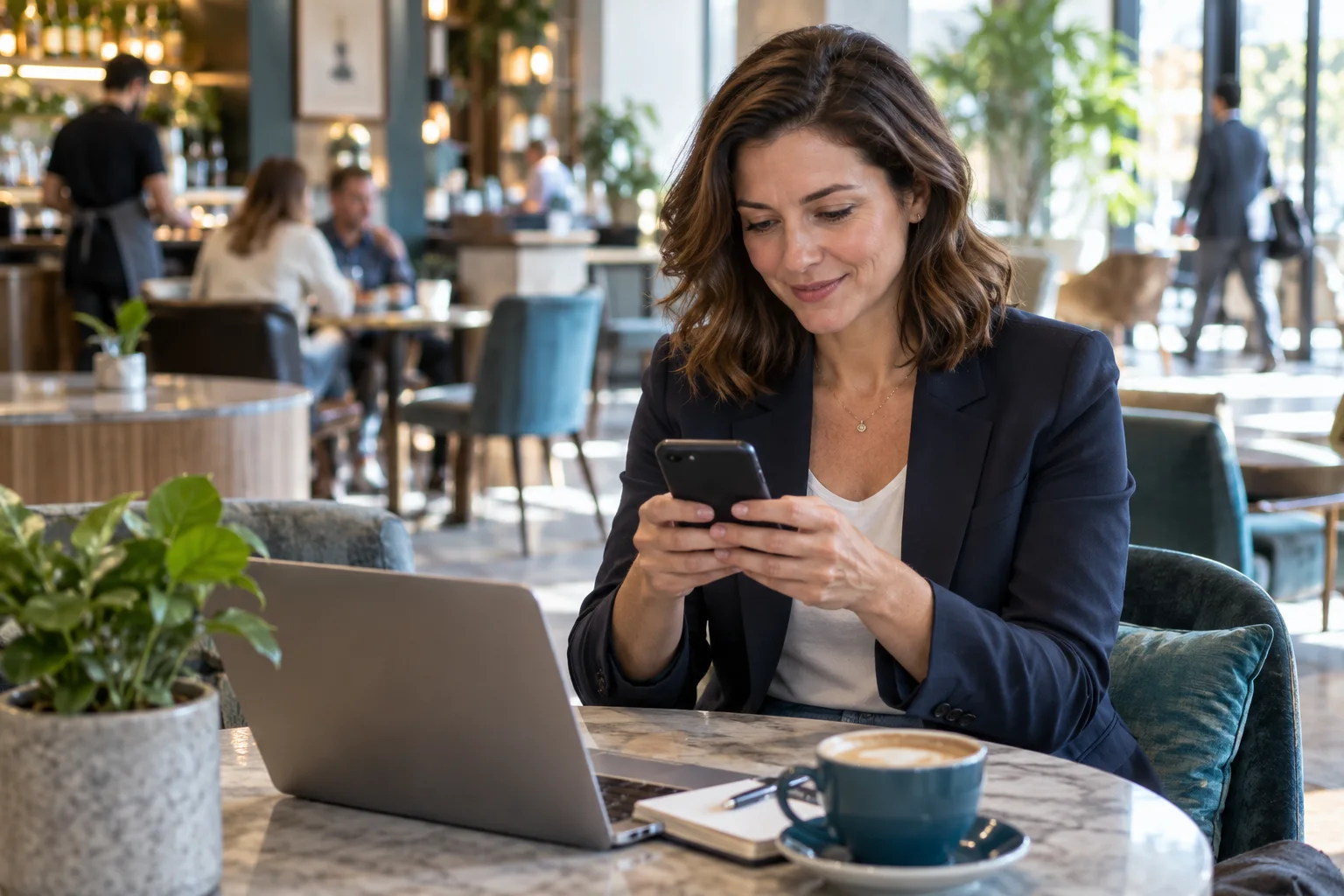 Venue marketing professional reviewing information on her phone