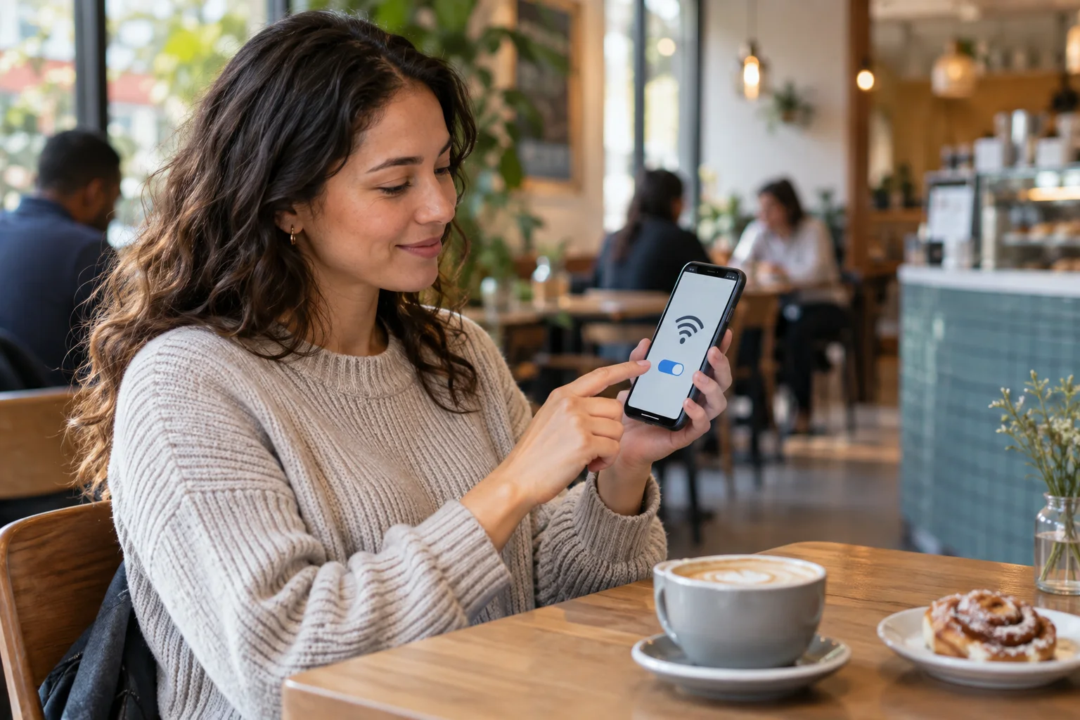 Customer connecting to guest WiFi from a smartphone in a café